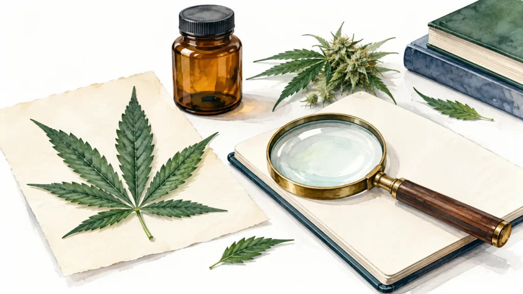 Editorial illustration of a cannabis specimen, medicine bottle, and magnifying glass over a research notebook.