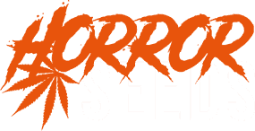 The image showcases the text "Horror Seeds" with "Horror" in bold, fiery orange letters like brush strokes or flames, and "Seeds" in white. An edgy orange leaf graphic is embedded in the "H," enhancing the theme. Perfect for those exploring where to get cannabis seeds for a legal home grow. The black background adds intensity.