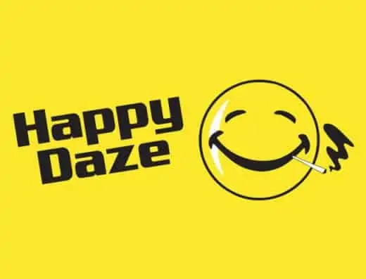 Happy Daze logo in Frankfort with a smiley face on a yellow background.