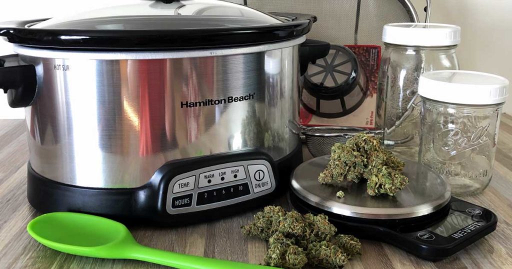 To make cannabis-infused coconut oil at home without fancy equipment, use a slow cooker. A scale, strainer, coffee filter and mason jar a the main items you need to gather. 