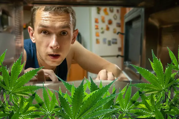 A man peers into a microwave looking through green cannabis leaves. 
