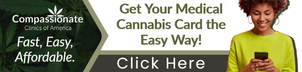 A young woman smiles as she makes a telemedicine appointment for her medical cannabis card certification from Compassionate Clinics of America.