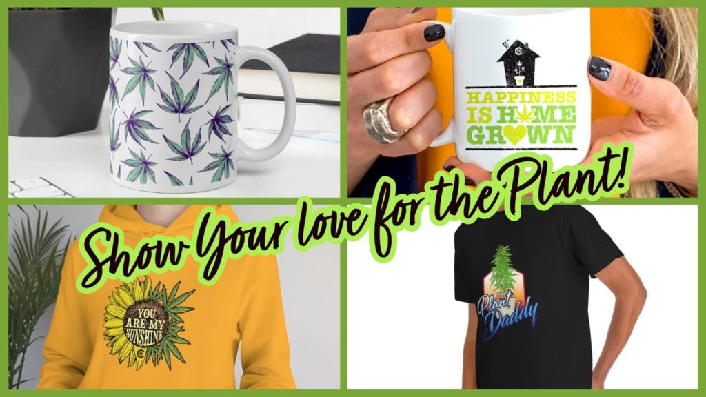 A collage of cannabis-themed merchandise to order. A white coffee mug shown with pretty mint green and purple leaves, Awhite mug with a quote saying, " 