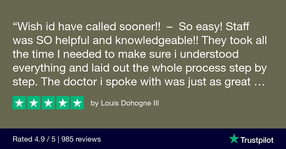 "Wish id have called sooner!!
So easy! Staff was SO helpful and knowledgeable!! They took all the time I needed to make sure i understood everything and laid out the whole process step by step. The doctor i spoke with was just as great! Thank you so much to all involved!!!" TrustPilot Review by Louis Dohogne III
