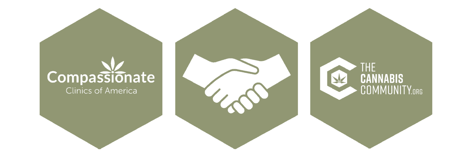 A handshake is shown between The Cannabis Community and Compassionate Clinics of America.