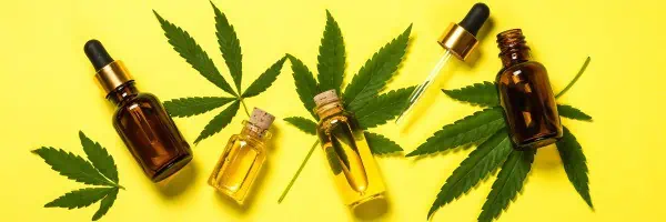 This image shows cannabis oil tincture products on a yellow background as part of a discussion about whether cannabis can cause or treat anxiety.