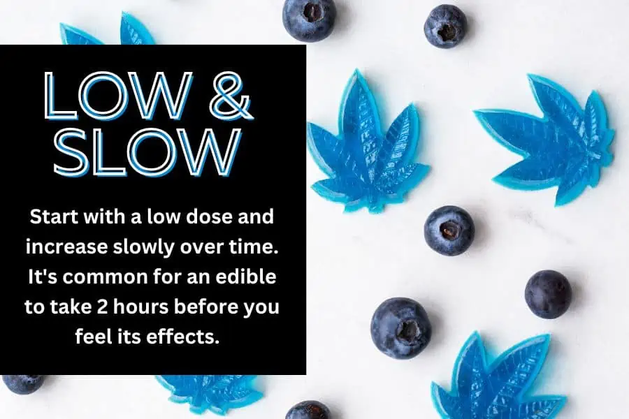 Take a low dose of cannabis edibles and increase slowly. Blueberry gummies are shown with the text. 