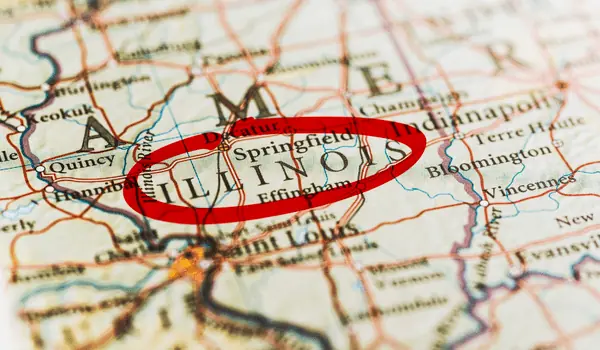a map of Illinois with a red marker circling the word "Illinois"