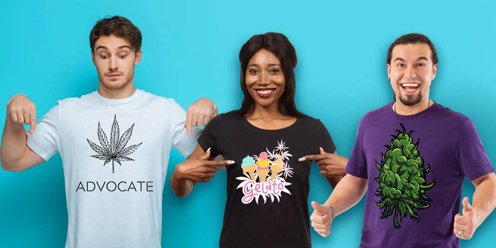 A group of three people consisting of two men and a woman against a blue background, pointing to their cannabis t-shirts, one which says "advocate" and another featuring a purple shirt with a big green nug printed front and center.