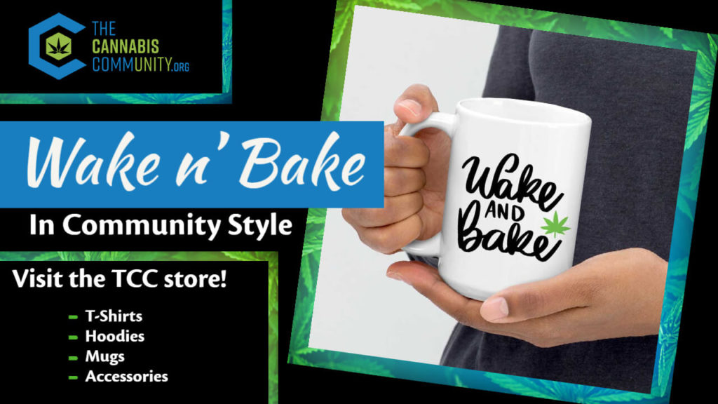 A mug designed with the quote "Wake and Bake" is printed on a white mug linking to The Cannabis Community Store. 