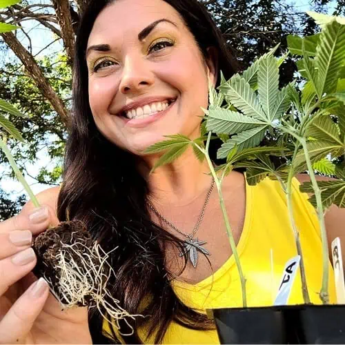 Woman in bright yeallow shirt smiling and holding her Marijuana Clones Online order.