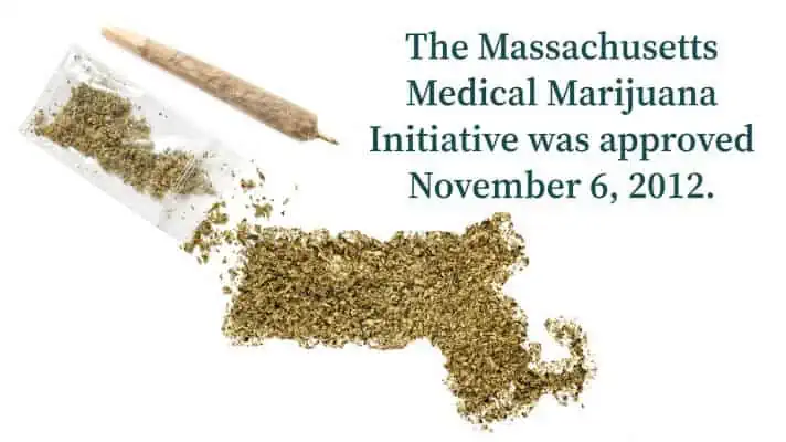 The state shape of Massachusetts is drawn out with ground cannabis flowers. 