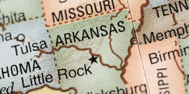 this image depicts Arkansas state on a map next to other states like Oklahoma, Missouri and Tennessee