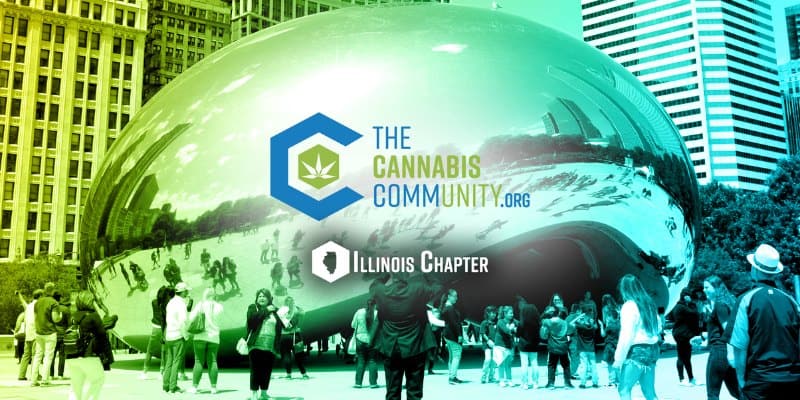 Illinois Medical Cannabis Community This photo shows an image of people walking in by the bean in Chicago, with the cannabis community logo and a sign that reads "Illinois chapter"