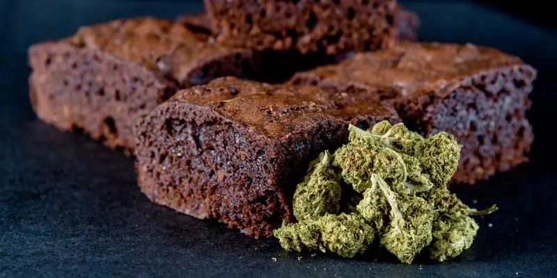 cannabis shake is often used to make infused edibles as depicted in this image which shows a batch of brownies alongside cannabis flower nugs next to it.