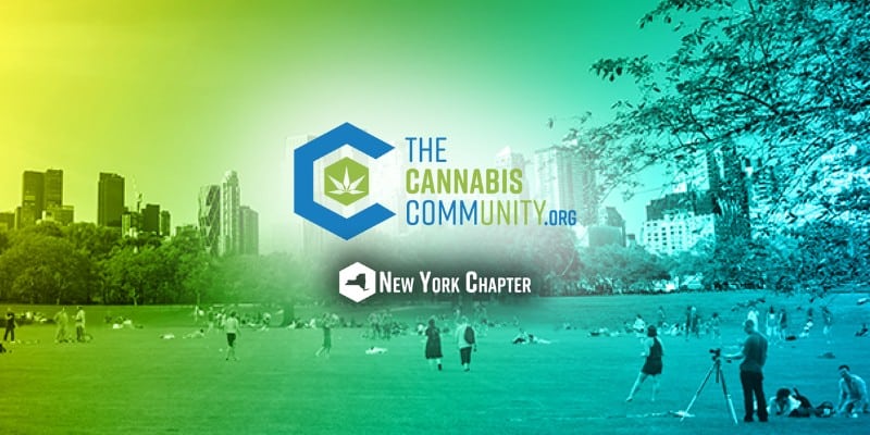 New York Medical Cannabis Community People walking in the park, with the cannabis community logo and a sign that reads "new york chapter"