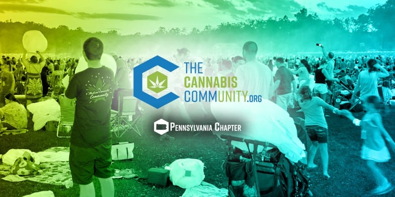 Pennsylvania Medical Cannabis Community People walking in the park, with the cannabis community logo and a sign that reads "Pennsylvania chapter"