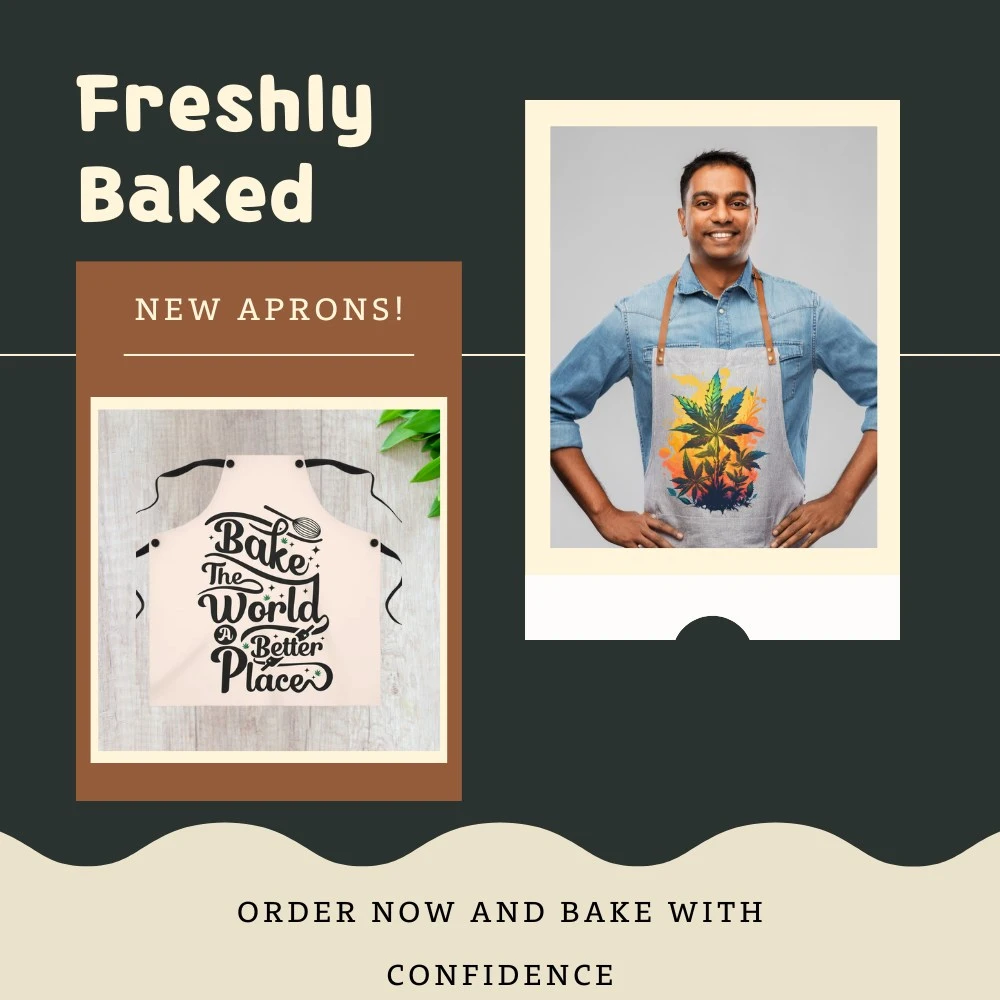 two aprons are displayed on this freshly baked ad for weed aprons, the left one says "bake the world a better place" and the right apron, worn by a man, shows a pot plant growing against a warm orange and yellow summer background.