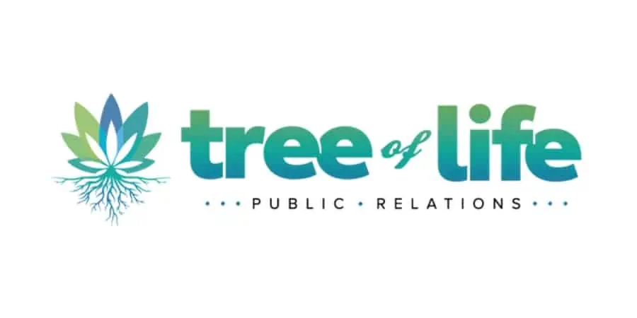 Tree of Life Public Relations logo features a cannabis plant with blue hues and roots that spread down and outward.