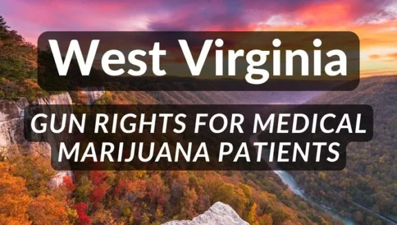 a scenic background of west virginia is depicted in the photo against a warm sunset, with an overlayed text that reads "west virginia gun rights for medical marijuana patients"