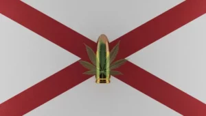 Alabama state flag with a bullet in the center and a marijuana leaf.
