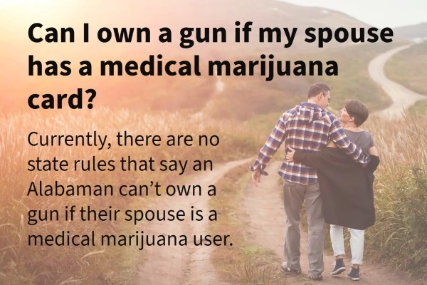 A photo of a couple with their arms around each other are walking down  adirt path into the sunset. The graphic asks, " Can I own a gun if my spouse has a medical marijuana card?".