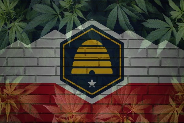 The Blue , white, and red flag of Utah is printed as if on a brick wall. The center is a golden yellow beehive and tiny white star. An overlay of cannabis leaves represents the  Utah medical cannabis program.