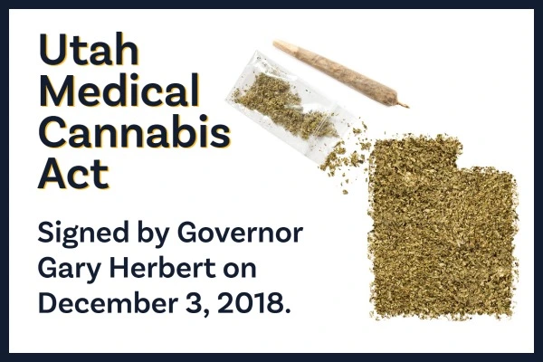 The Shape of Utah is drawn out using spilled ground up cannabis from a clear baggie.  A joint is above them. The text reads, Utah Medical Cannabis Act signed by Governor Gary Hubert on December 3, 2018. 