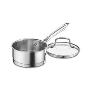 A stainless steel saucepan with lid on a white background.
