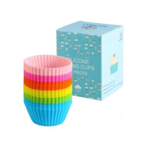 A box of colorful silicone cupcake cups in front of a box.