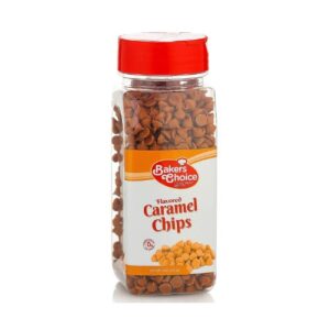 A jar of caramel chips on a white background.