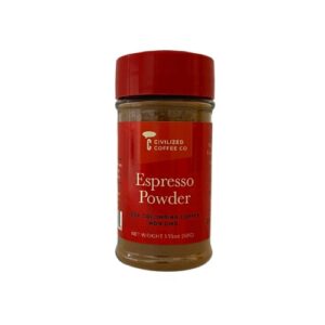 A jar of espresso powder on a white background.