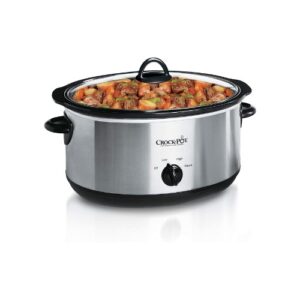 A crock pot with meat and vegetables.