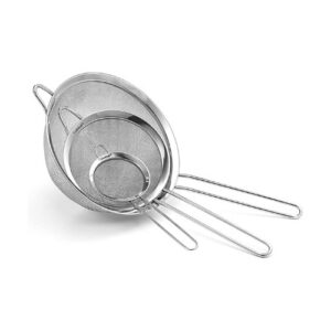 A set of metal strainers with handles on a white background.