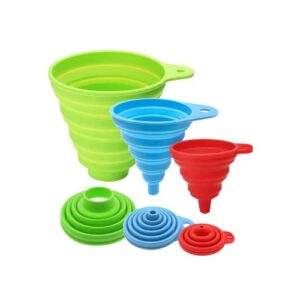 A set of colorful food grade silicone collapsible funnels