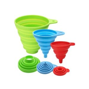 A set of colorful food grade silicone collapsible funnels