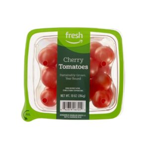 Fresh cherry tomatoes in a plastic container.