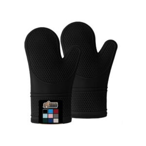 A pair of black oven mitts on a white background.