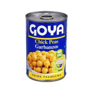 A can of goya chick peas in a white background.