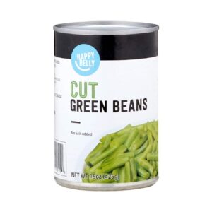 A can of cut green beans on a white background.
