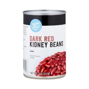 A can of dark red kidney beans on a white background.