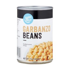 A can of garbanzo beans on a white background.