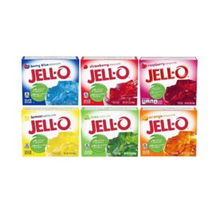 Six boxes of jello on a white background.