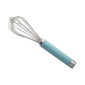 A whisk with a blue handle on a white background.