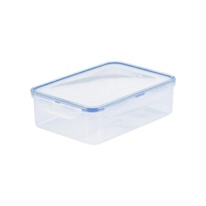 A clear plastic container with blue lid on a white background.