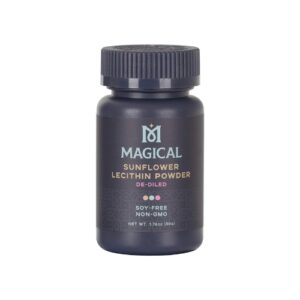 A bottle of magical sunflower lethicin powder on a white background.