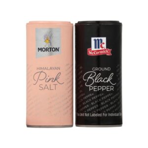 Two cans of black pepper and pink pepper salt.