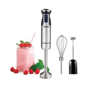 An immersion blender with raspberries, strawberries and raspberries.