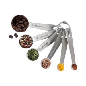 A set of measuring spoons with different types of spices.