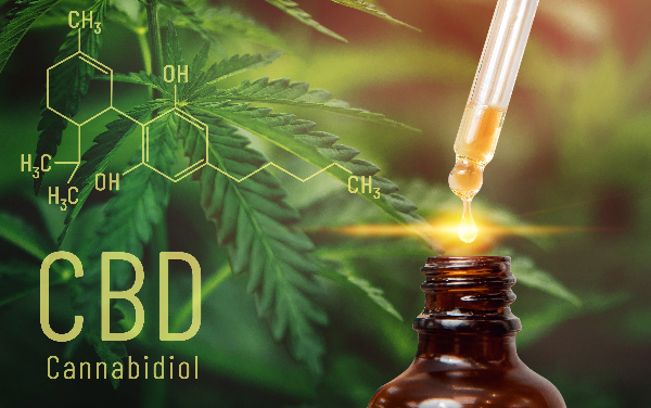 CBD cannabidiol and the chemical compound for CBD are shown with a dropper full of golden oil. The background is a close up of a green hemp plant. 